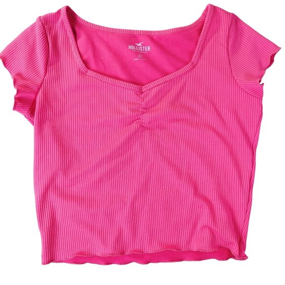 Hollister Womens Ribbed Top Medium Pink Short Sleeve Ruched Casual Y2K Vibe - Picture 1 of 6